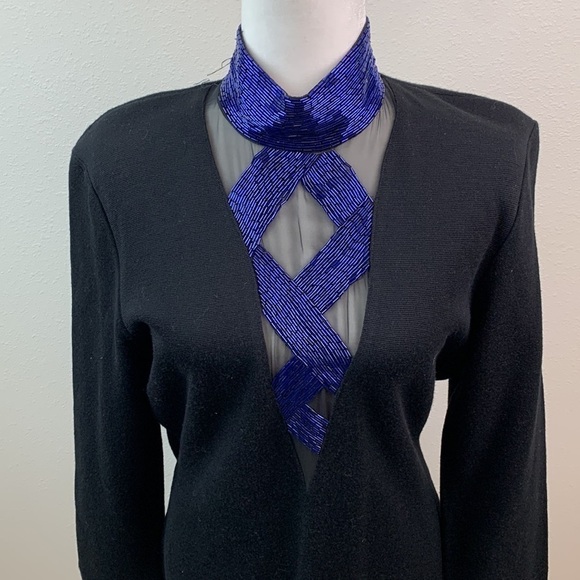 Vintage wool blend 90s beaded sheer illusion deep V neck fitted sheath dress EUC - Picture 3 of 13